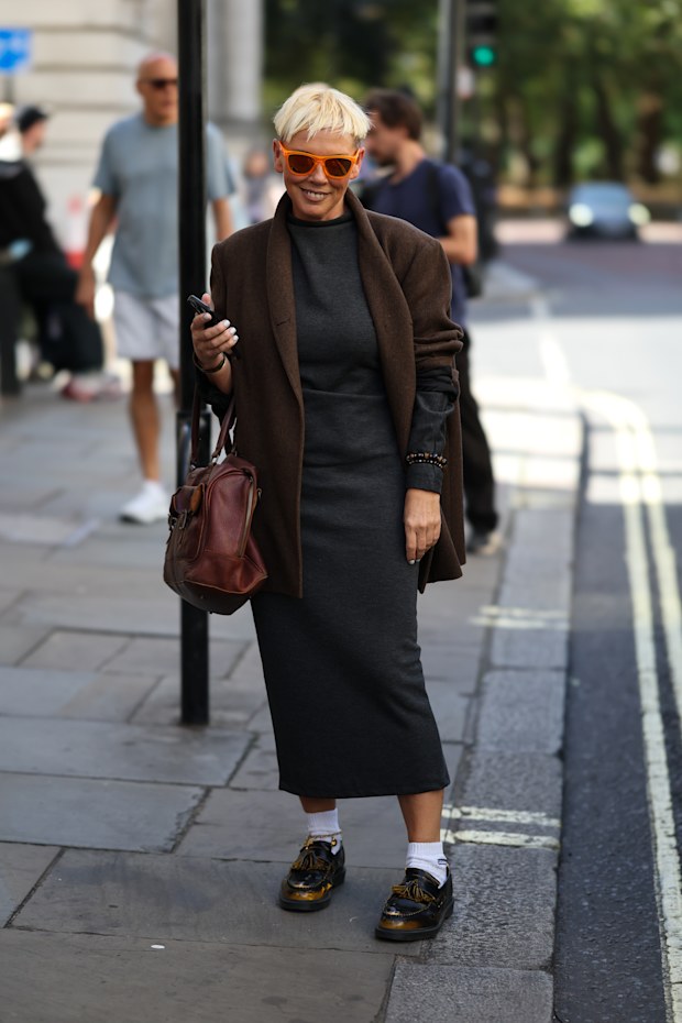 A guest is seen outside the Labrum show during London Fashion Week September 2026 on September 20, 2026 in London, England.