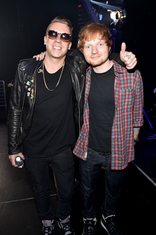 LAS VEGAS, NV - SEPTEMBER 20: Recording artists Macklemore (L) and Ed Sheeran attend the 2014 iHeartRadio Music Festival at the MGM Grand Garden Arena on September 20, 2014 in Las Vegas, Nevada. (Photo by Theo Wargo/Getty Images for iHeartMedia)