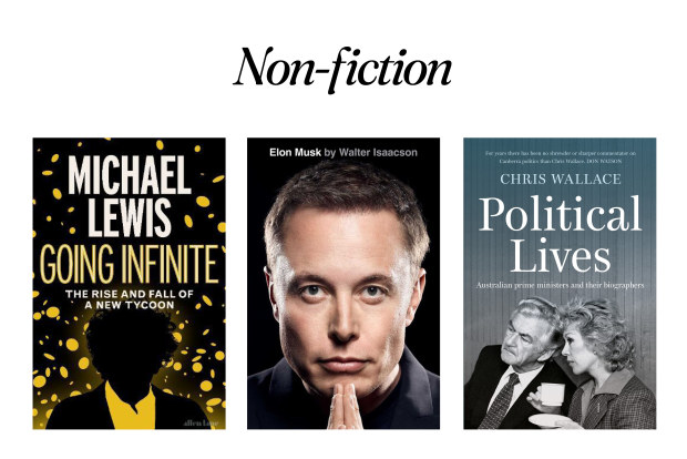The title Non-fiction plus images of three books covers: Political Lives, Elon Musk and Going Infinite