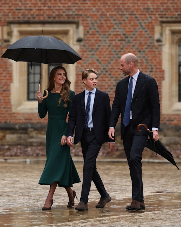 Catherine, Princess of Wales (L) and Prince William, Prince of Wales (R) walk with their 13-year-old son, Prince George of Wales (C), as he arrives for his first day at Eton College on September 8, 2026 in Berkshire, England