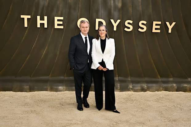 Christopher Nolan and Emma Thomas attend the world premiere of "The Odyssey" at Odeon Luxe Leicester Square on July 06, 2026 in London, England. 