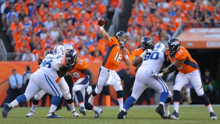 Indianapolis Colts starting quarterback Peyton Manning (18) drops back to  pass in the first quarter against