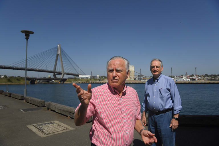 Pyrmont residents David Gordon (left) and Christopher Levy are opposed to the construction of a shipping facility on Glebe Island.