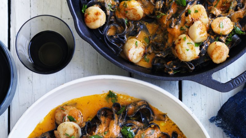 Dark pleasures: Squid-ink pasta with scallops