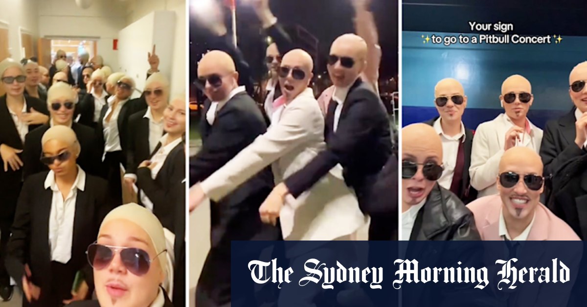 Fans wear bald caps and dress as Pitbull for his concerts