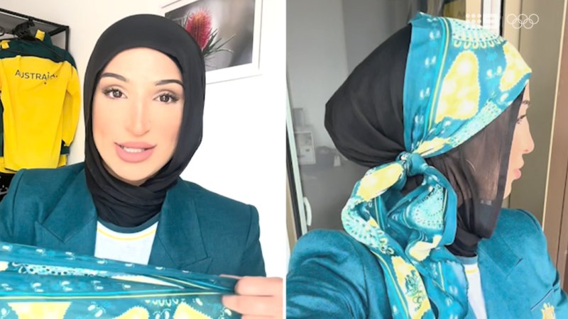 Tina Rahimi styles her Aussie Olympic scarf on her hijab