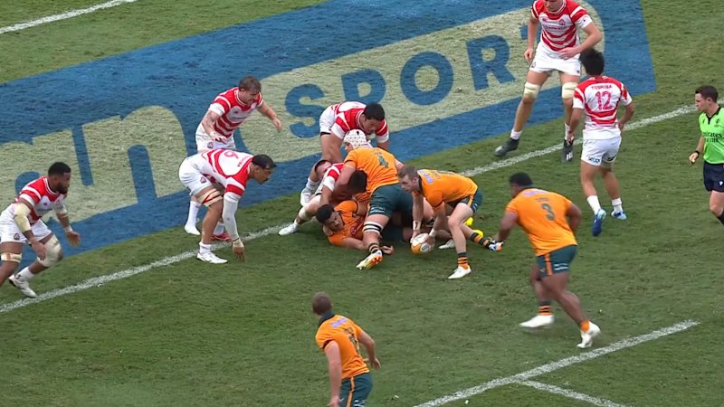 Taniela Tupou scores a first-half double for Australia against Japan