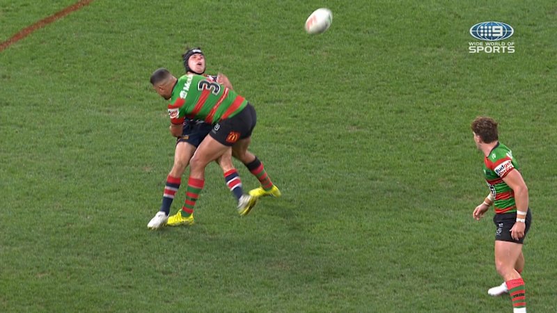 Latrell Mitchell knocks down Roosters rookie Toby Rodwell in NRL moment