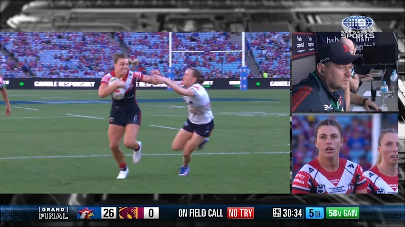 Tamika Upton makes a try-saving tackle on Jess Sergis