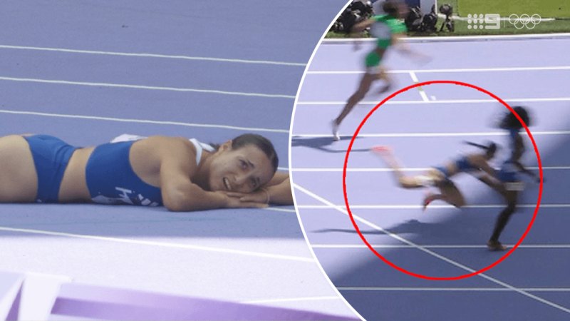 Commentator gasps as Greek runner trips at finish line