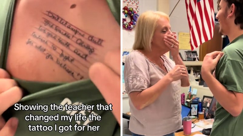 Student surprises high school teacher with sweet tattoo