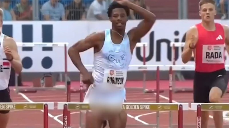 Hurdler suffers embarassing 'equipment failure'