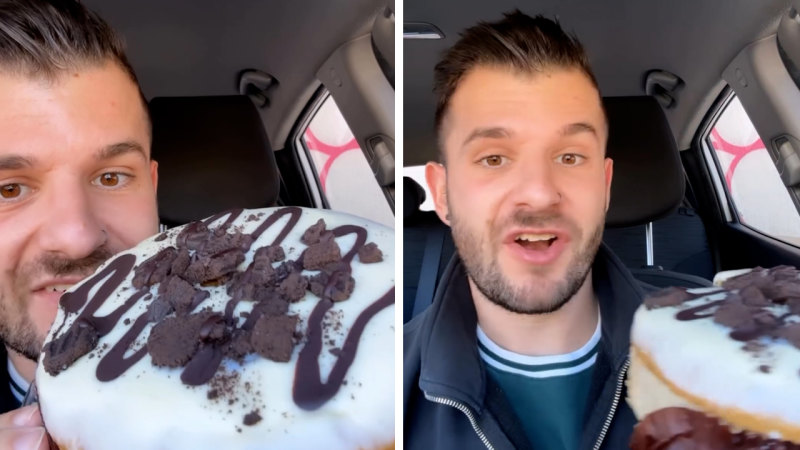 Instagrammer Nick Vavitis samples the new Woolies mud cake flavour