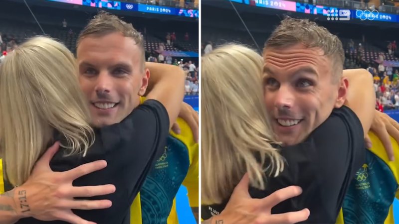 Kyle Chalmers embraces his fiancée Ingeborg Løyning after winning silver in Paris