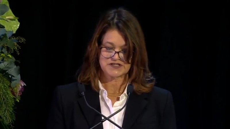Neale Daniher's wife Jan speaks at his funeral
