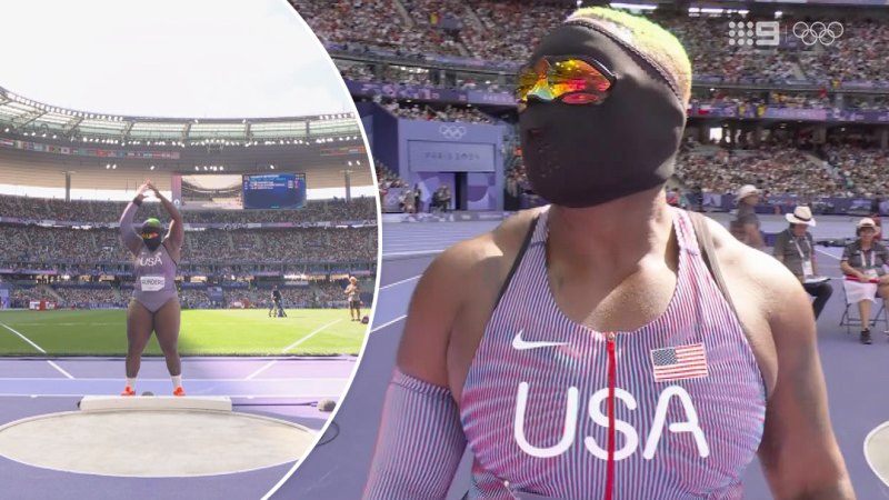 Shot put star stuns after competing in outlandish outfit