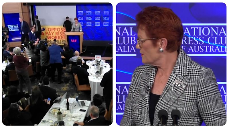 Pauline Hanson's National Press Club Speech Interrupted by Protest Banner
