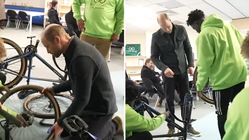 Prince William pumps air into bike tyres while visiting cycling charity