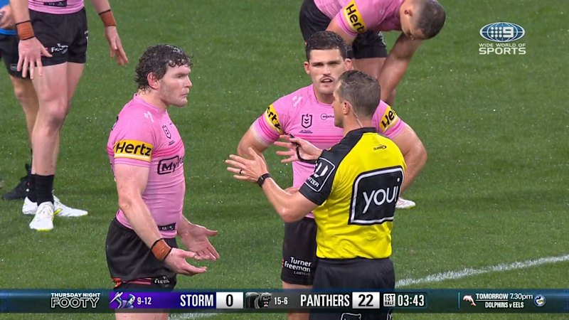Andrew Johns reacts after Panthers player Liam Martin is sin-binned