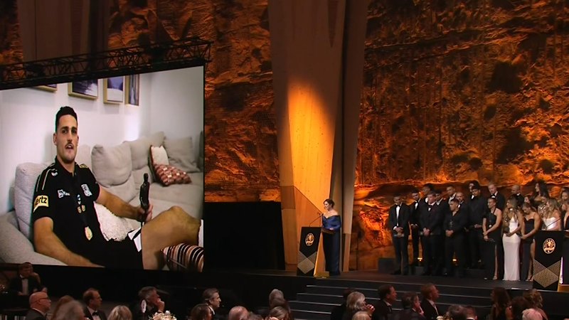 Nathan Cleary thanks partner Mary Fowler after winning his first Dally M Medal