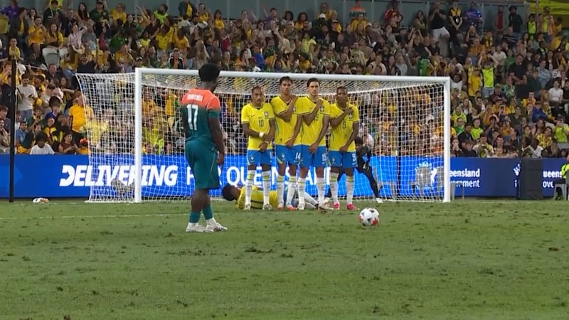 Nestory Irankunda scores stunning free kick to put Socceroos ahead vs Brazil