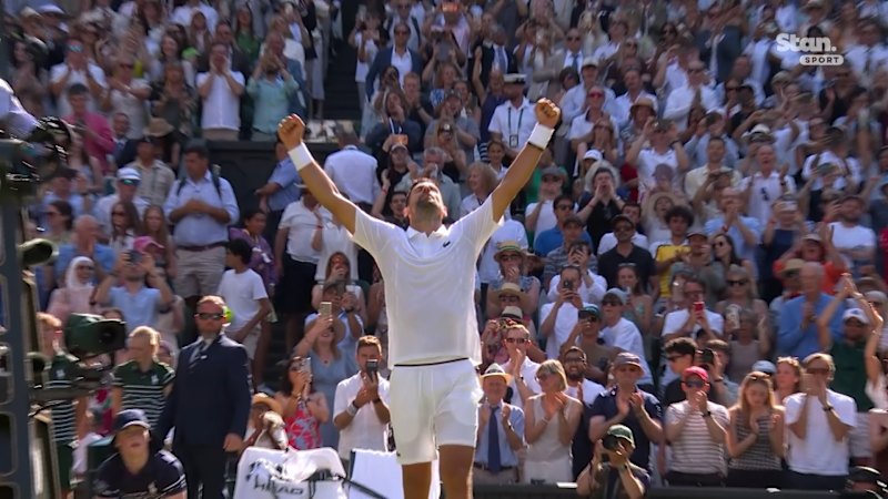 Acrobatic finish as Djokovic advances