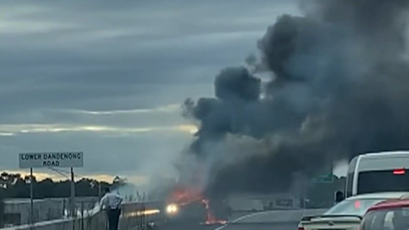Commuter chaos after car bursts into flames on Melbourne freeway