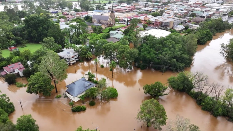 Aerial view of flooding in Lismore CBD