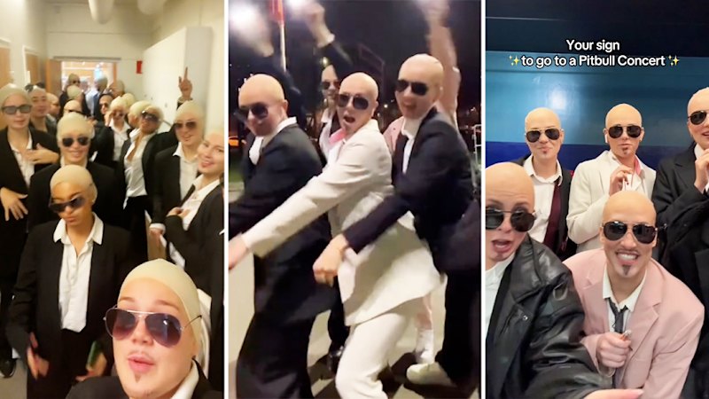 Fans wear bald caps and dress as Pitbull for his concerts