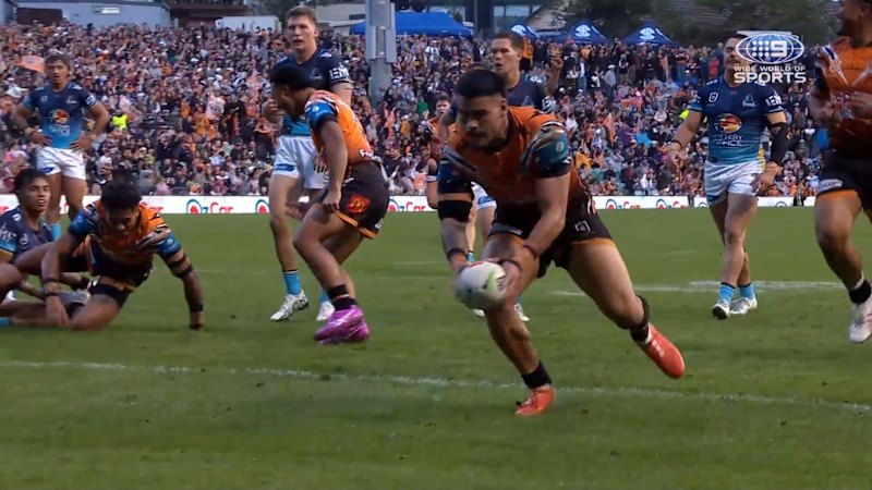 Taylan May scores for Wests Tigers, extending their lead