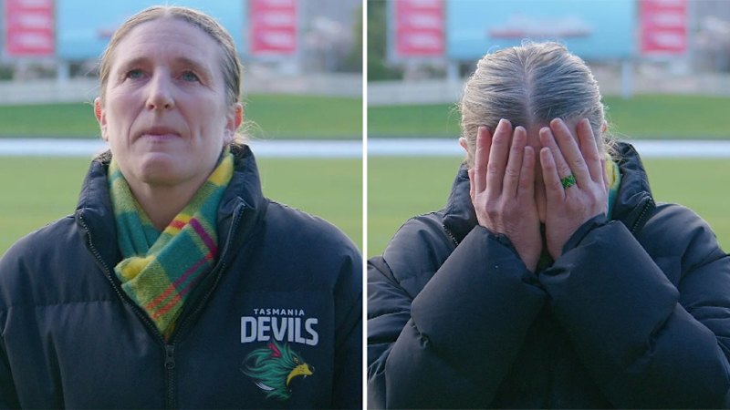 Tassie Devils' Kathryn McCann breaks down in tears