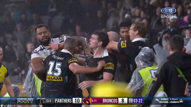 Broncos and Panthers players clash twice within a minute in wet conditions