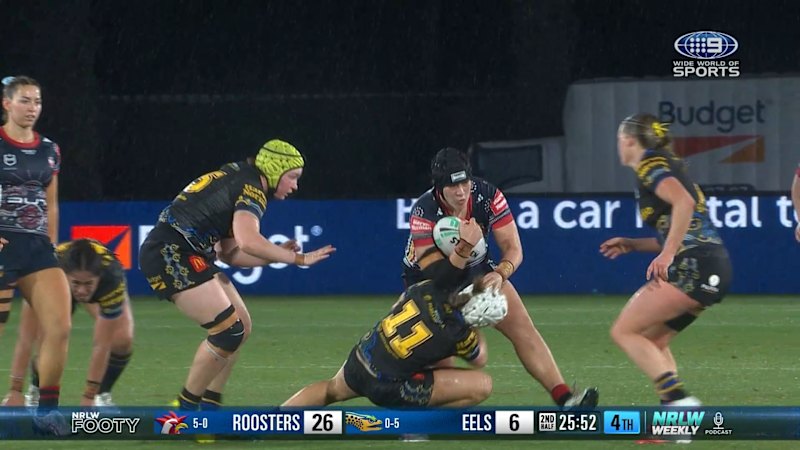 Roosters forward’s strong run leaves Eels rival Chloe Jackson dazed after tackle
