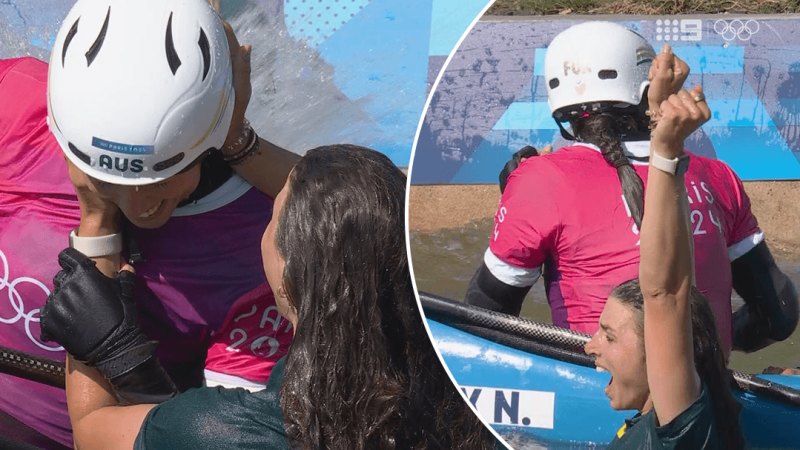 Jess Fox jumps into the water to celebrate Noemie gold