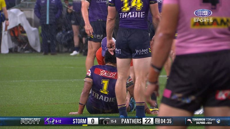 Storm fullback Sua Faalogo receives medical attention after awkward tackle