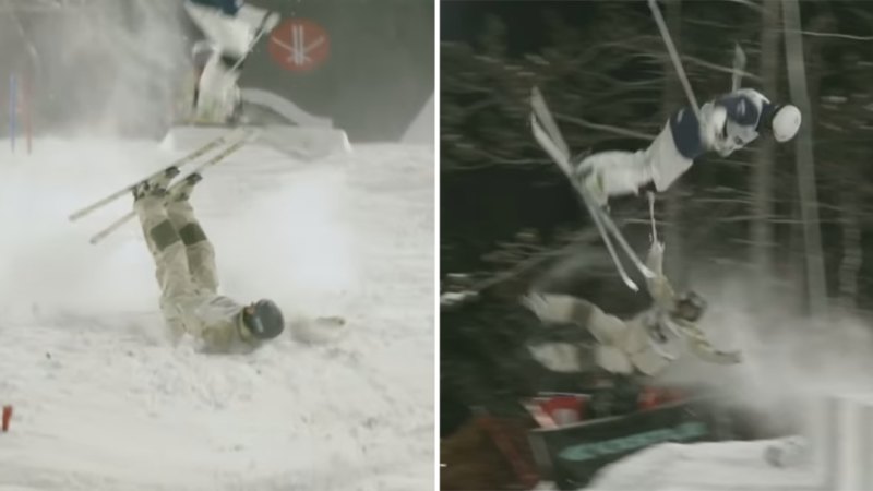 Aussie mogul skiier lands on opponent's head