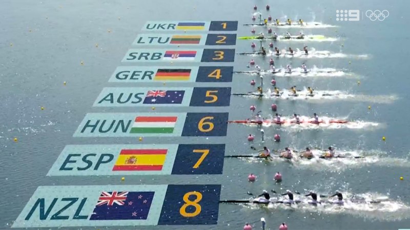 False start forces restart in canoe sprint men's kayak four final