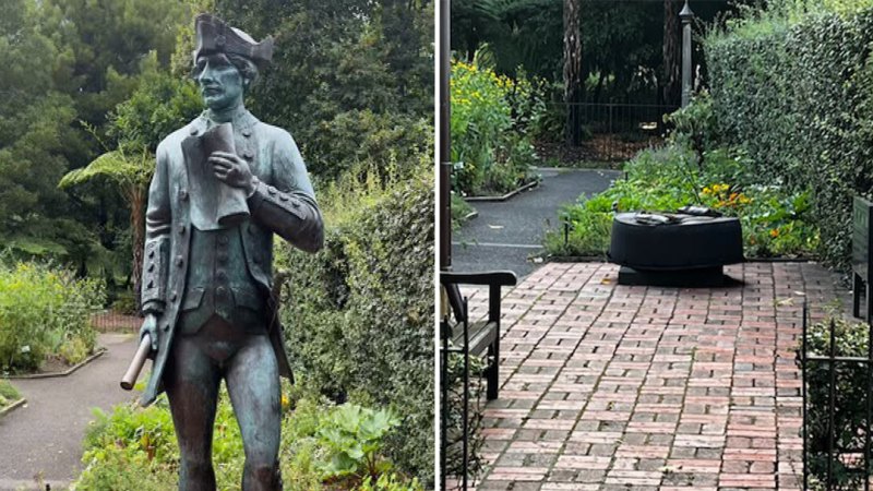 Captain Cook statue sawn off in vandalism attack in Melbourne