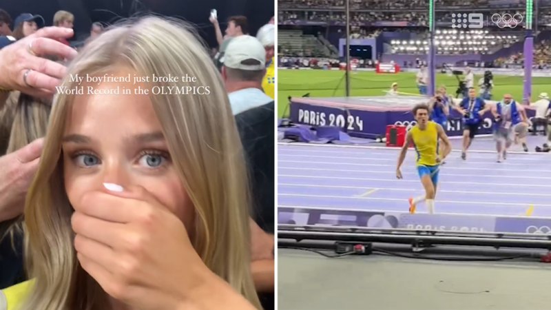 Armand Duplantis runs to girlfriend Desiré Inglander after setting pole vault record