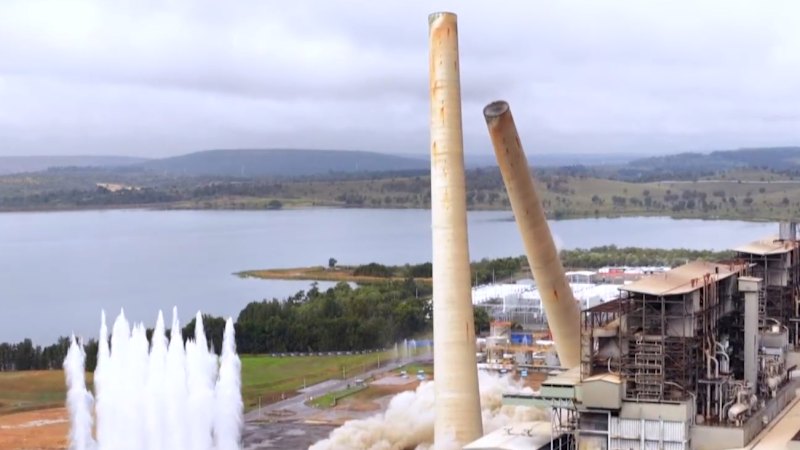 Famous chimney stacks reduced to rubble in Liddell Power Station blast