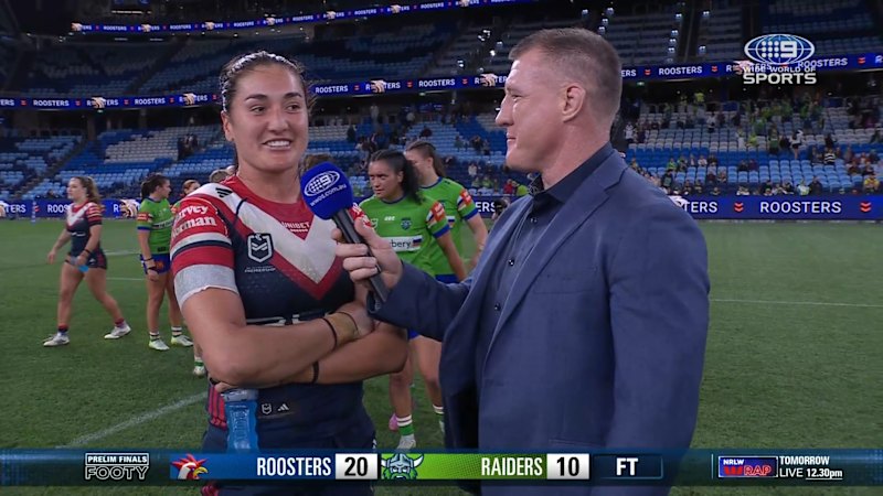 Olivia Kernick reacts after Roosters win NRLW preliminary final