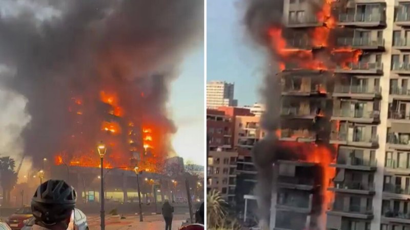 High-rise building engulfed by flames in Spain