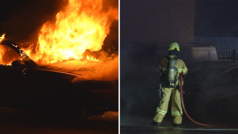 Arsonists on the run after torching Melbourne car yard