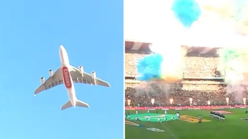 Jumbo jet flies over All Blacks haka