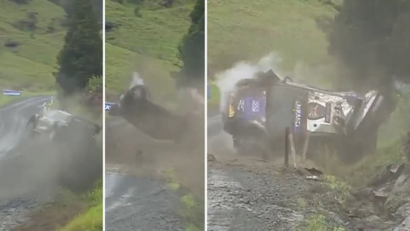 Scary scenes as rally car barrel rolls at high speed
