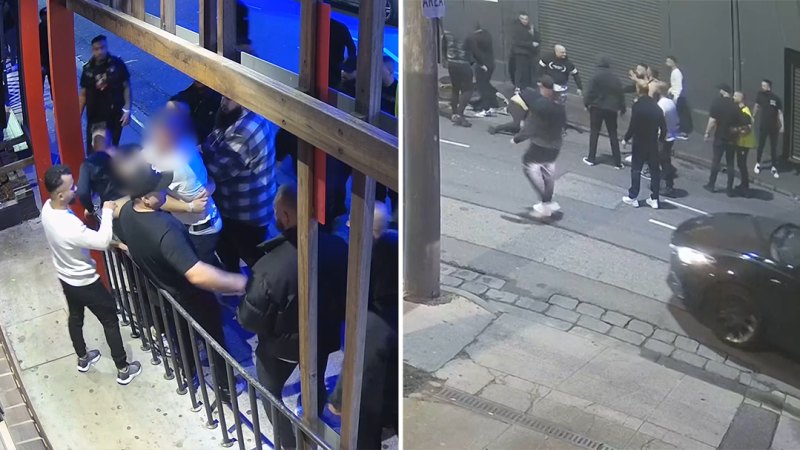 Security vision of wild brawl outside Melbourne nightclub