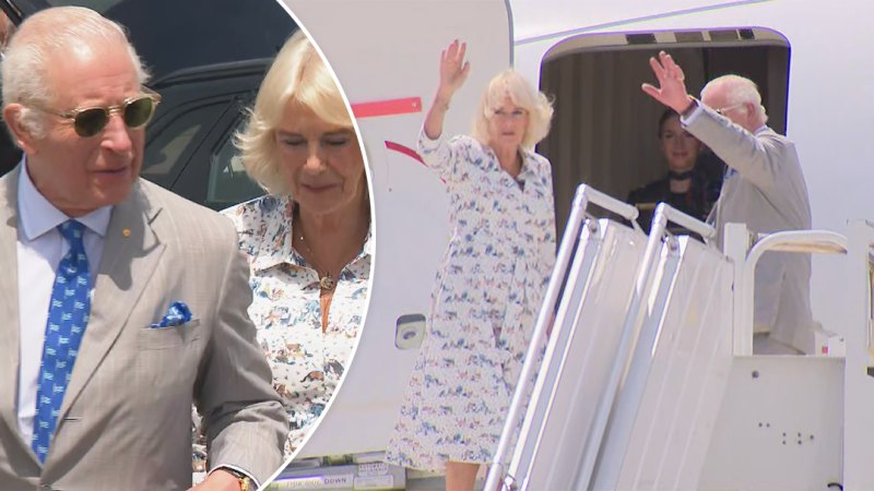 King Charles and Queen Camilla board plane leaving Sydney