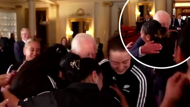 King Charles hugged by New Zealand women’s rugby team