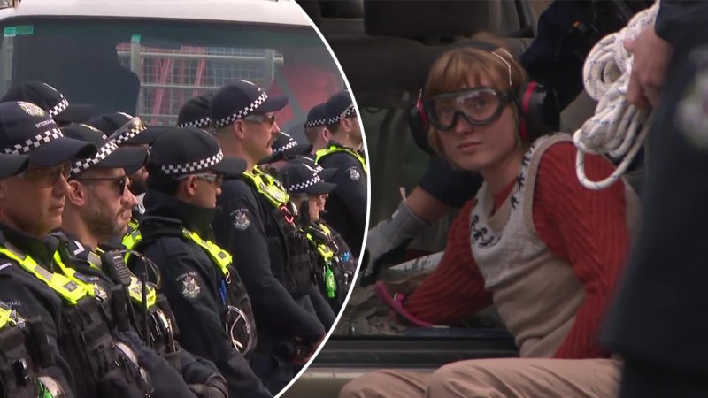 Women plunge arms in wet concrete during Melbourne protest