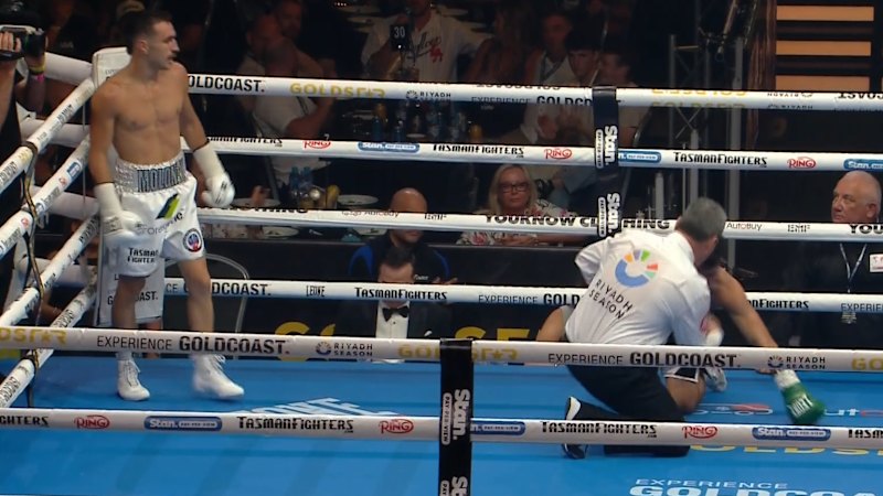 Gomez sent crashing down onto the canvas